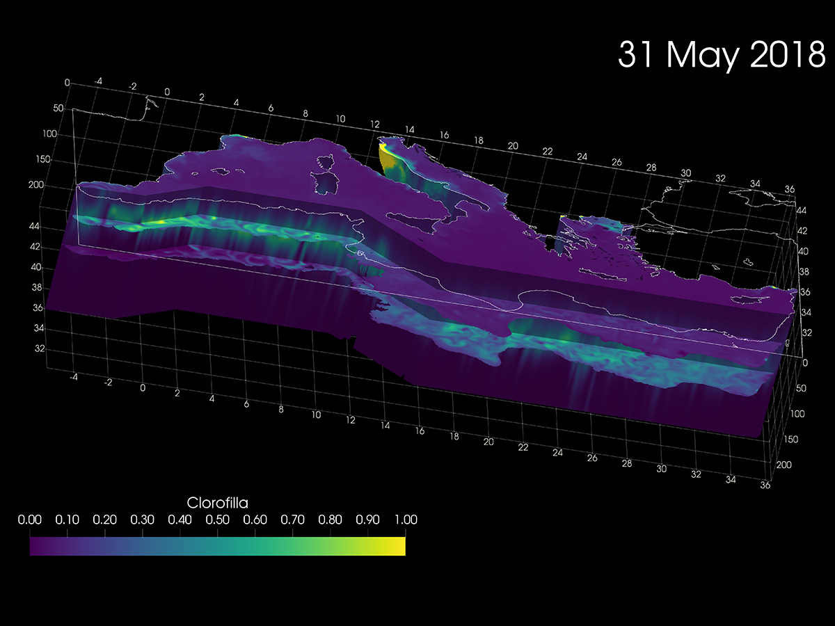 Campo 3D di clorofilla nel Mar Mediterraneo realizzato con le tecnologie di calcolo ad alte prestazioni dell’infrastruttura PRACE.