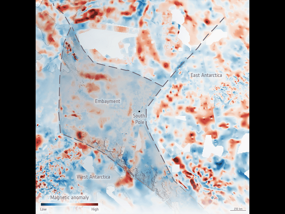 Mappa delle rocce del cratone altamente magnetiche (in rosso), e l'area del bacino, della grandezza del Regno Unito, in cui invece queste rocce non sono presenti.