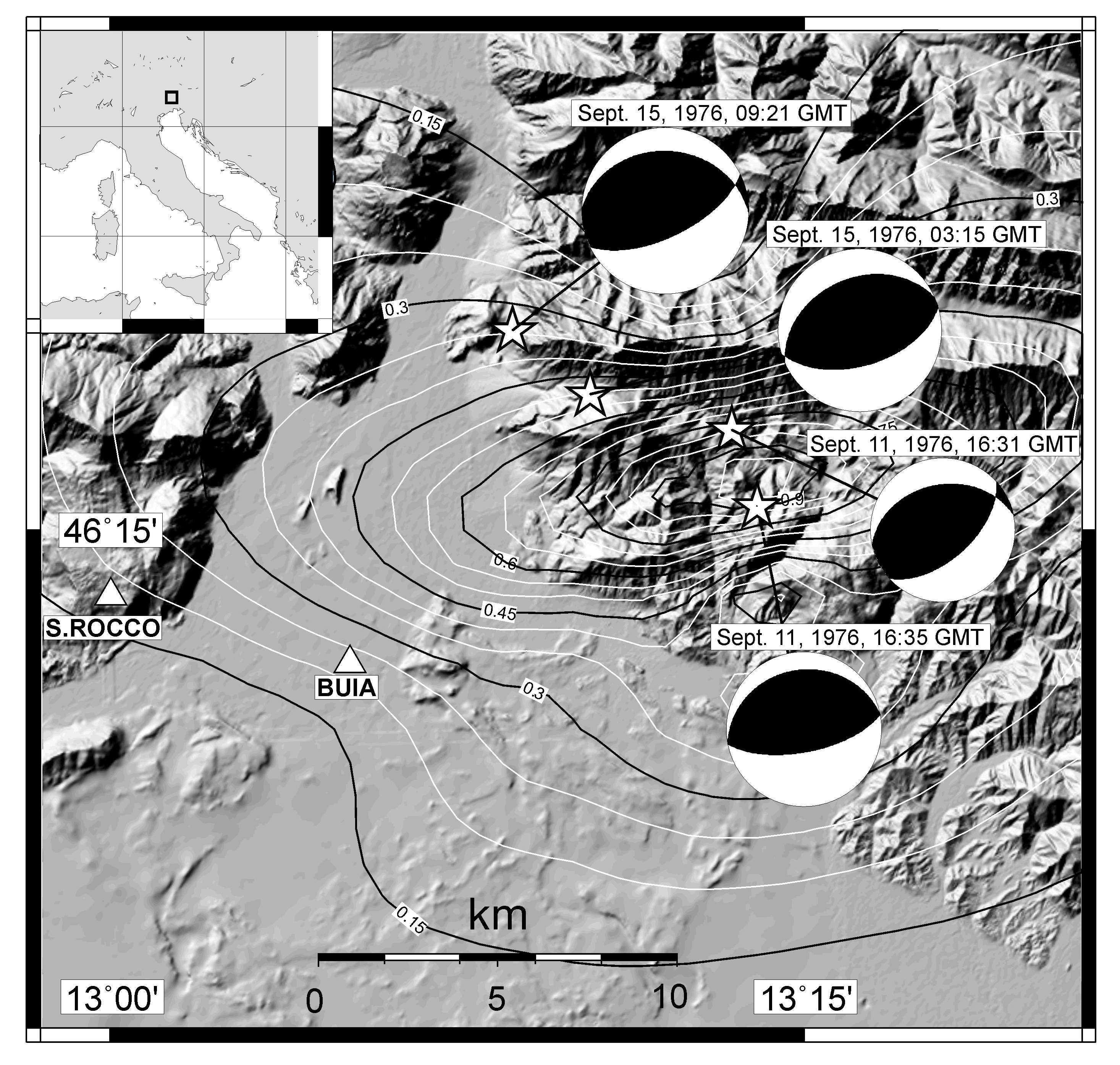 Map view of the case-study area. The two strong motion stations (white triangles), the epicenters of the four shocks of September 1976 (stars) and their focal mechanisms (beach-ball size proportional to magnitude) are shown. The contour solid lines show the radiation pattern of the S-waves calculated for a bilateral rupture from the nucleation of the 11 September, 1976 16:35 event with the KF formula (Sirovich, 1996b).