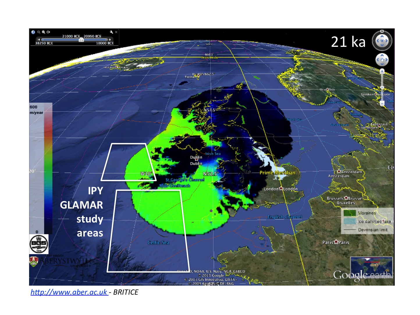 Figura – Aree di studio IPY GLAMAR sul margine irlandese   sulla base di  una ricostruzione numerica della calotta birtannico-irlandese c. 21,000 anni fa
